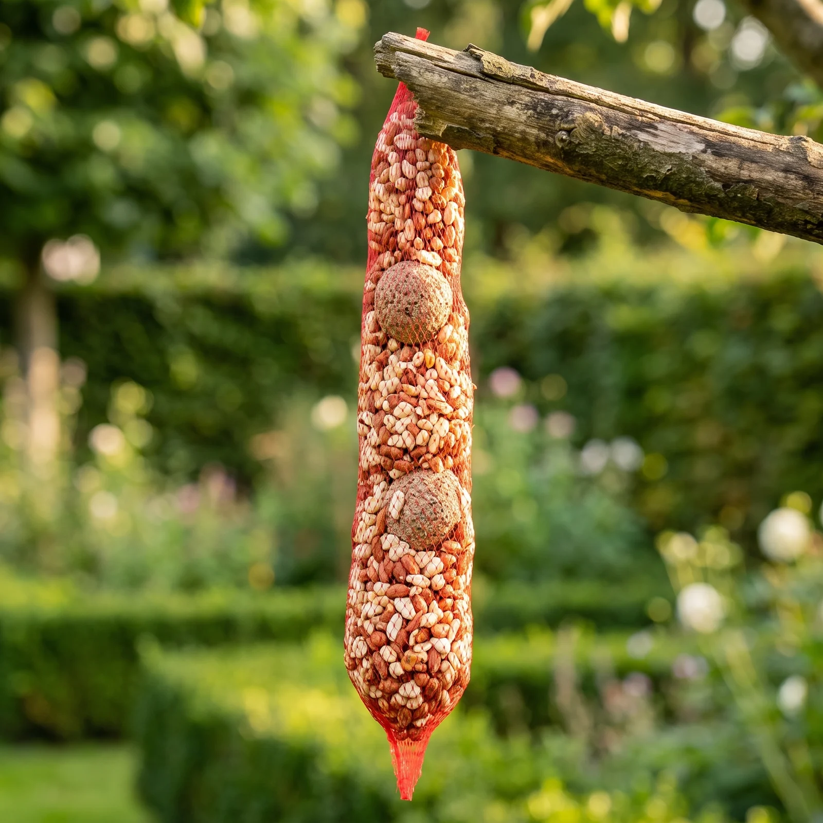 Pindaslinger met mezenbollen in de tuin – The Bird Family