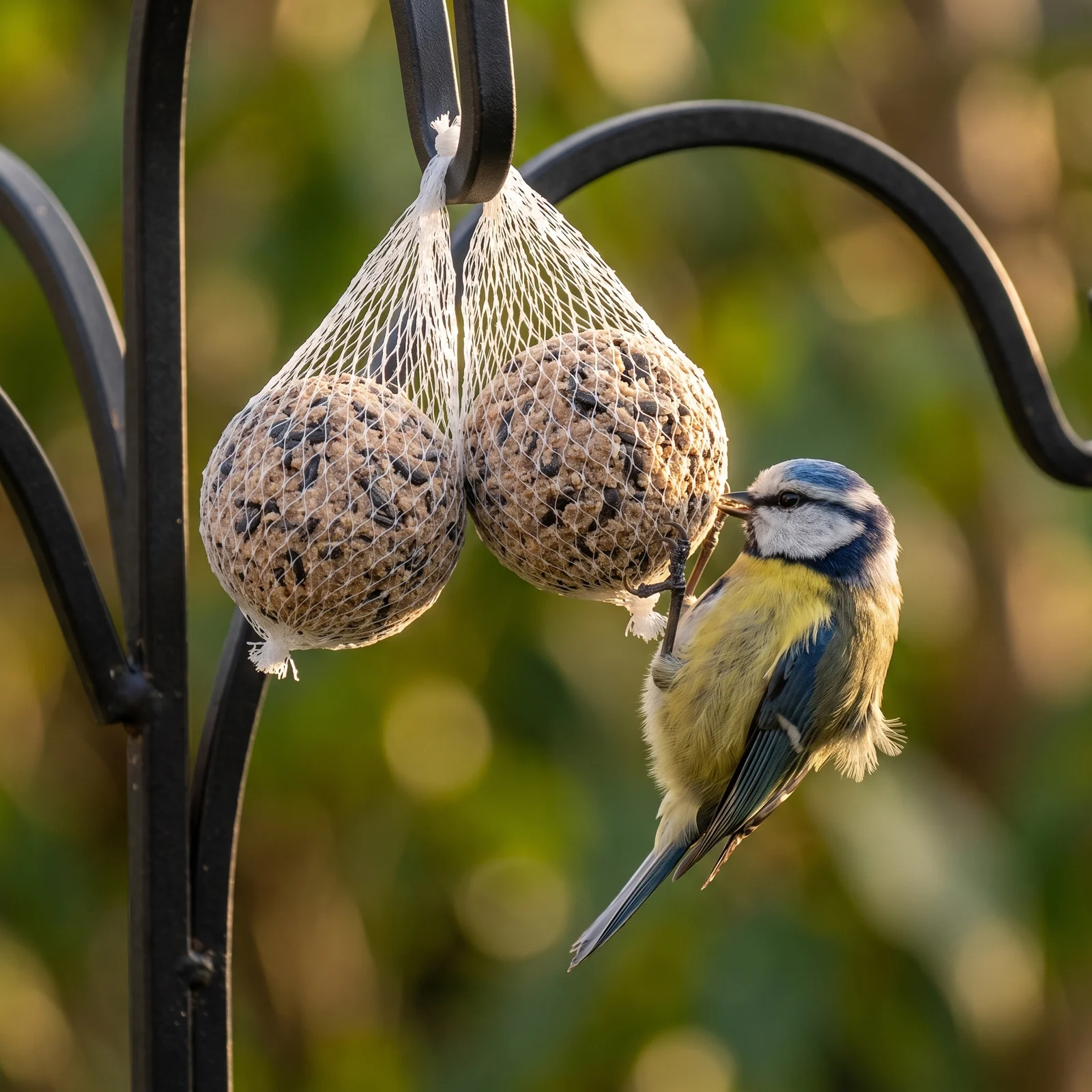 Pimpelmees eet van vetbollen zonnepit met net – The Bird Family