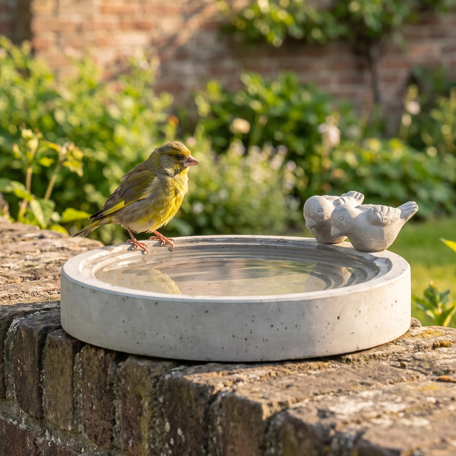 A european greenfinch bij een betonnen vogelbad