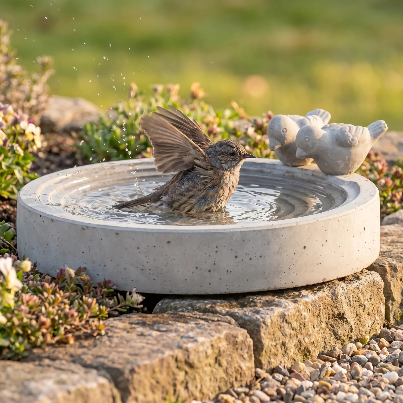 A dunnock bij een betonnen vogelbad