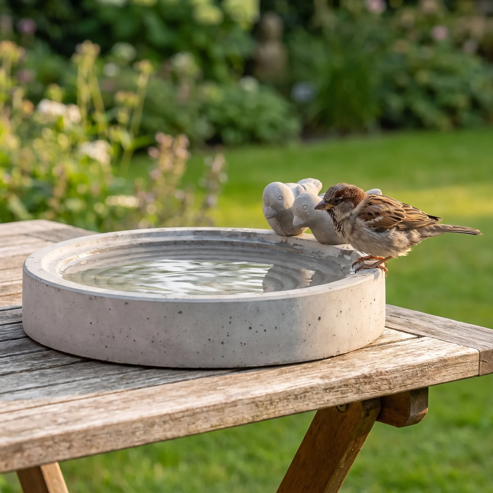 A house sparrow bij een betonnen vogelbad