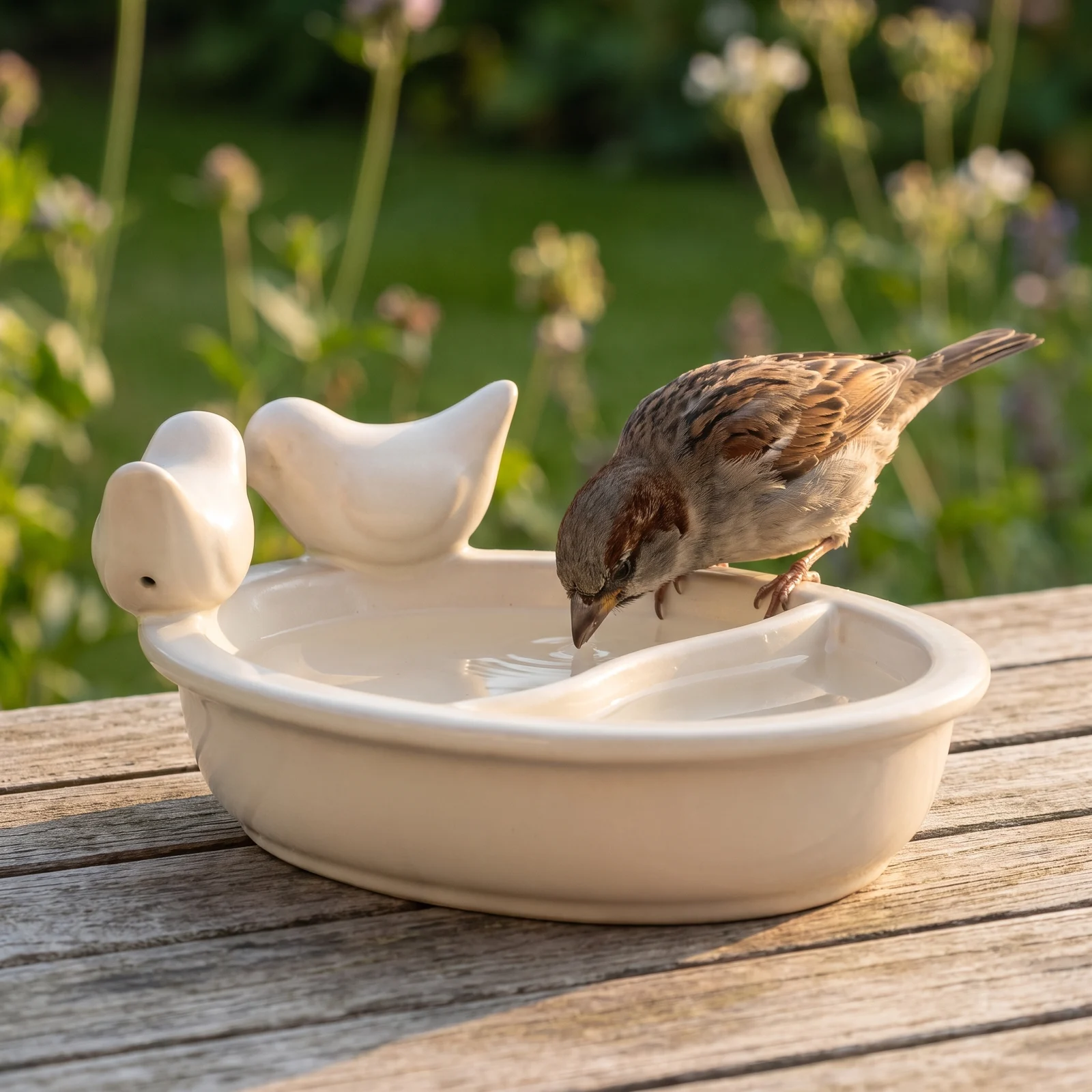 A house sparrow bij een drinkschaal tuinvogels wit