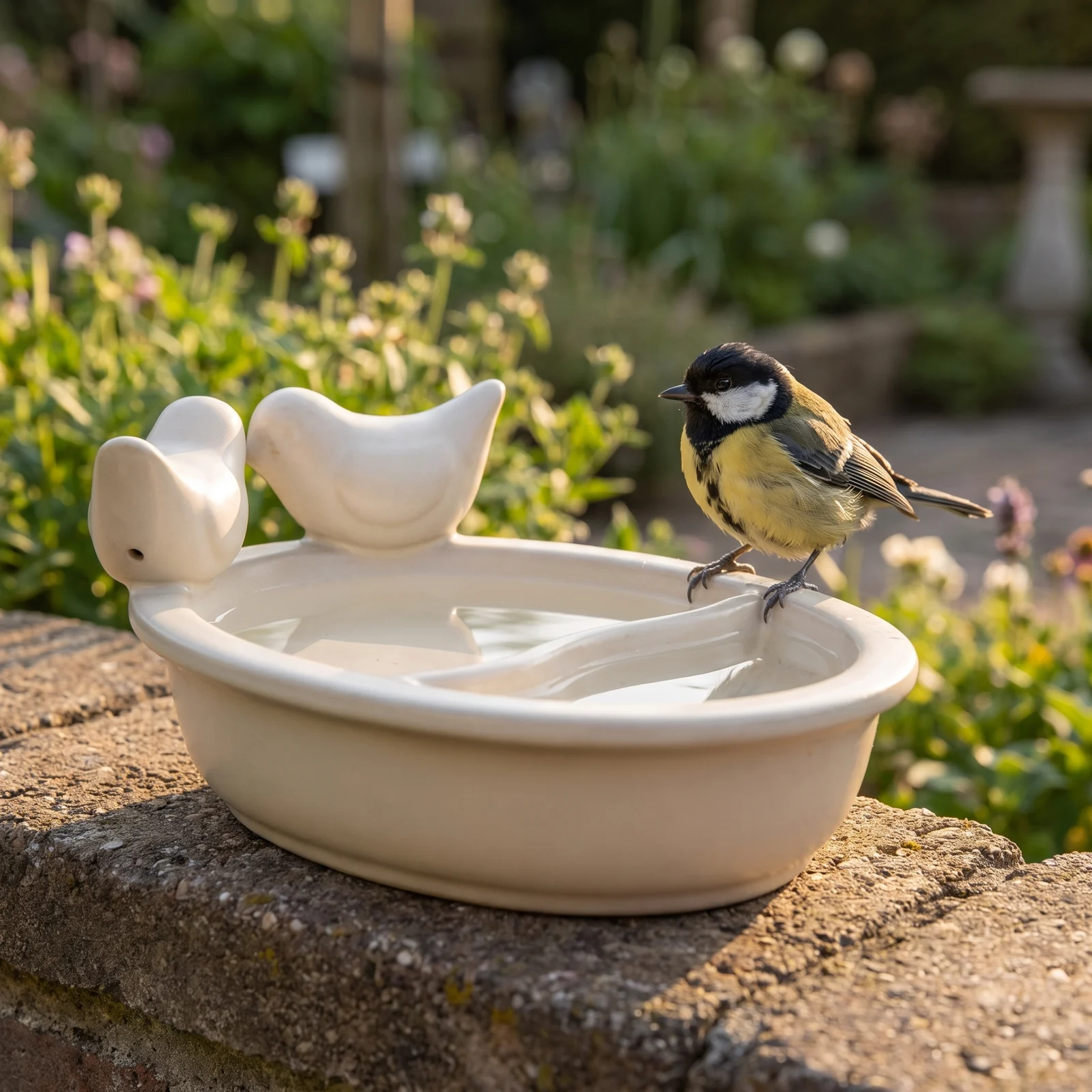 A great tit bij een drinkschaal tuinvogels wit