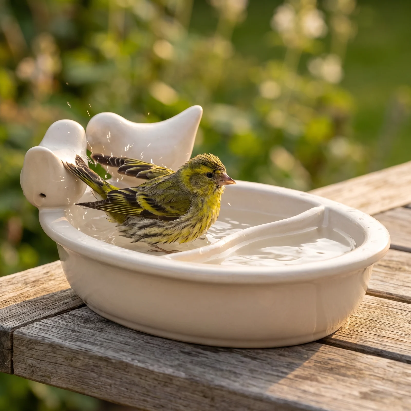 A siskin bij een drinkschaal tuinvogels wit