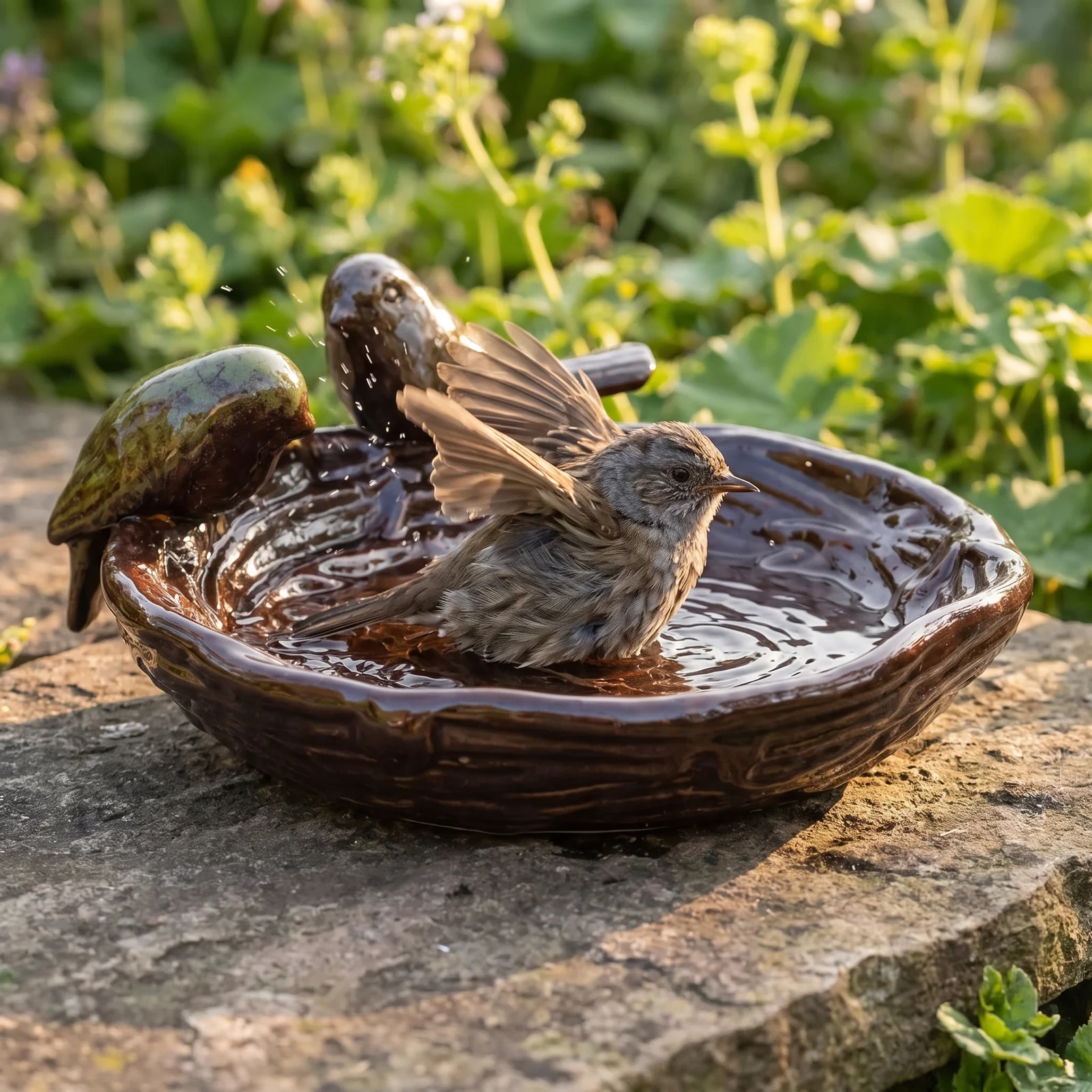 A dunnock bij een keramiek vogelbad nest