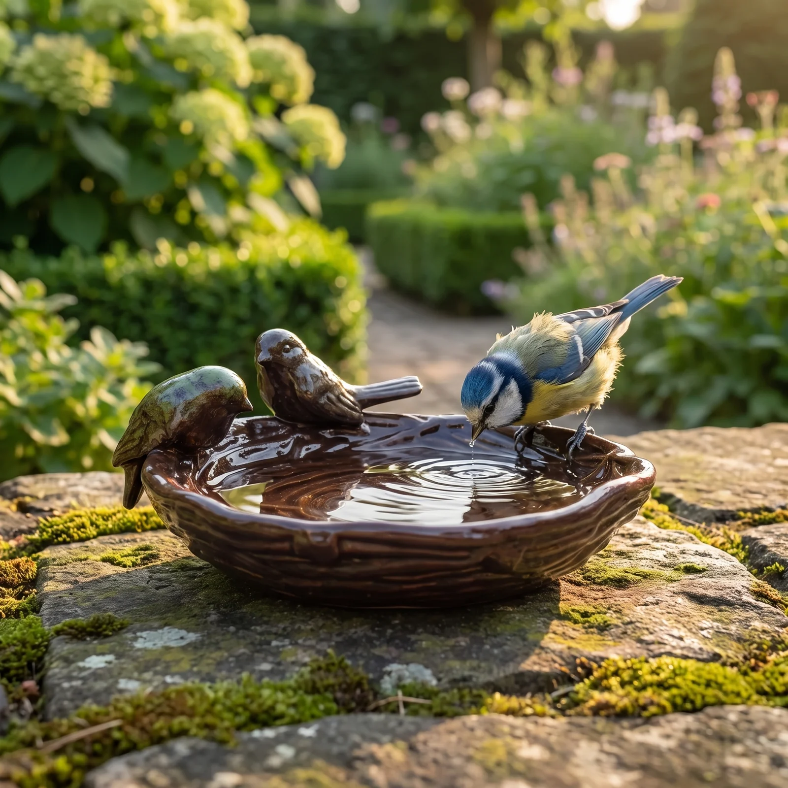 A blue tit bij een keramiek vogelbad nest