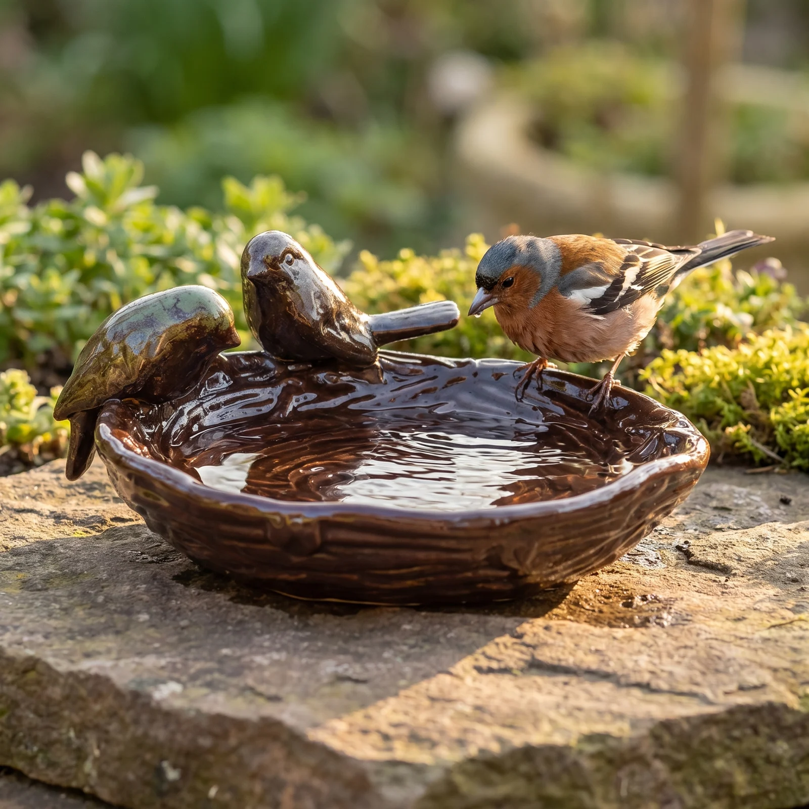 A chaffinch bij een keramiek vogelbad nest